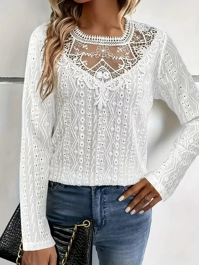 Elegant Lace Stitch Hollow-Out Long Sleeve Tee