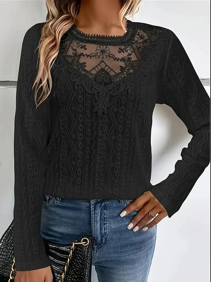 Elegant Lace Stitch Hollow-Out Long Sleeve Tee