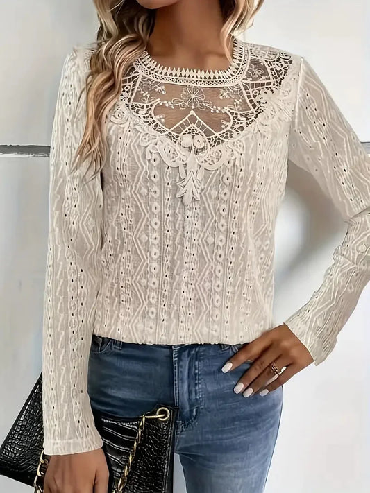 Elegant Lace Stitch Hollow-Out Long Sleeve Tee